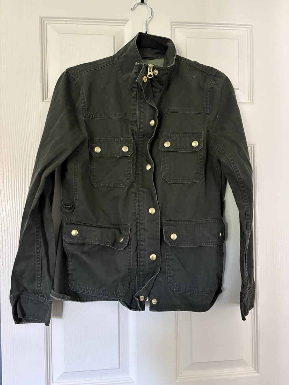 J. Crew Sz Small Field Jacket Army Green Resin Coated Gold Snaps & Zip